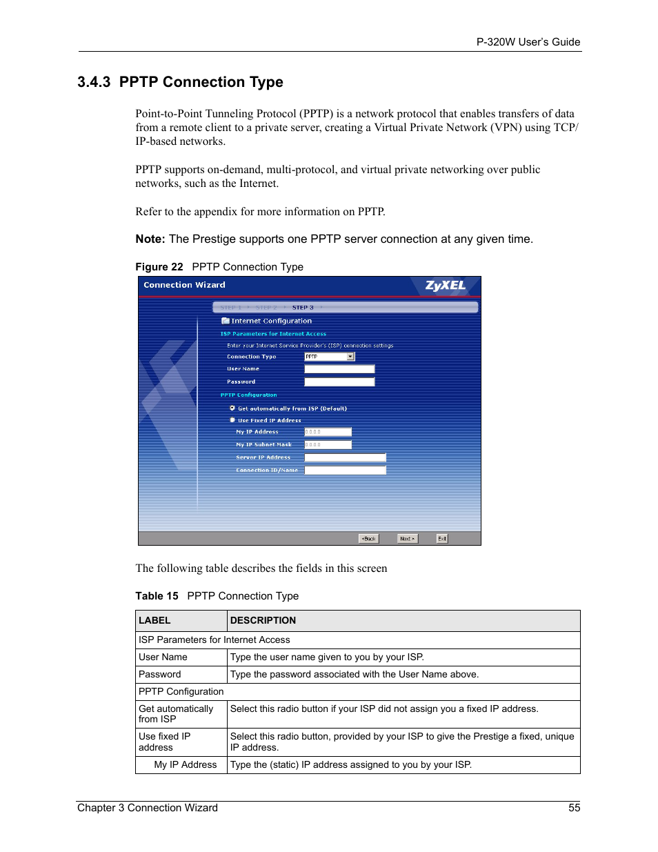 3 pptp connection type, Figure 22 pptp connection type, Table 15 pptp connection type | ZyXEL Communications 802.11g Wireless Firewall Router P-320W User Manual | Page 55 / 215