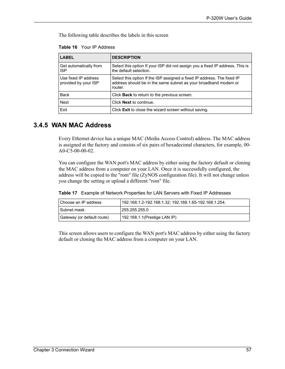 5 wan mac address | ZyXEL Communications 802.11g Wireless Firewall Router P-320W User Manual | Page 57 / 215