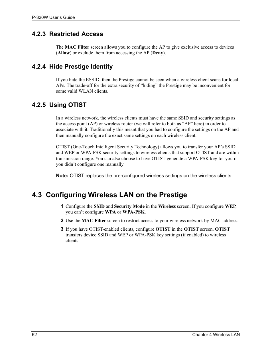 3 restricted access, 4 hide prestige identity, 5 using otist | 3 configuring wireless lan on the prestige | ZyXEL Communications 802.11g Wireless Firewall Router P-320W User Manual | Page 62 / 215