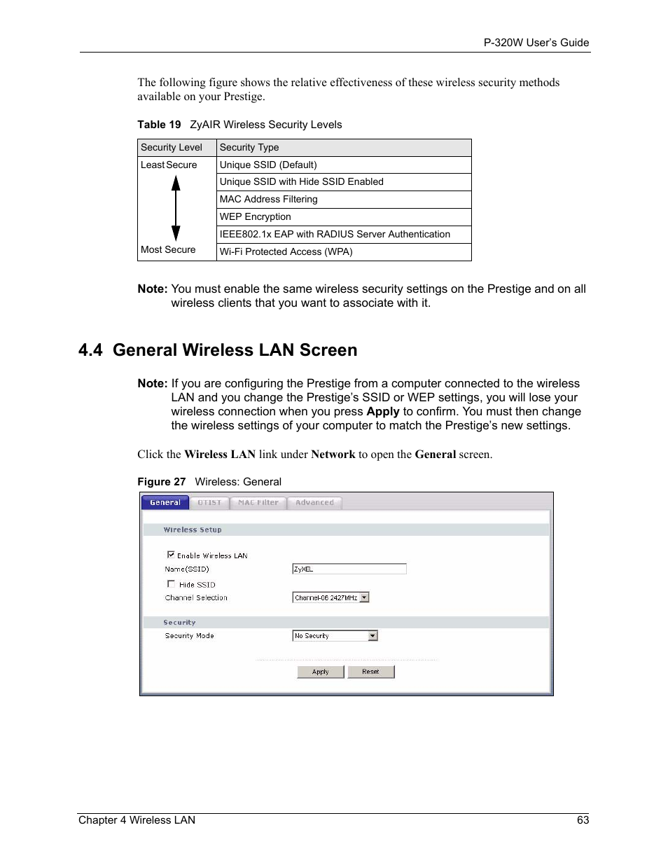 4 general wireless lan screen, Figure 27 wireless: general, Table 19 zyair wireless security levels | ZyXEL Communications 802.11g Wireless Firewall Router P-320W User Manual | Page 63 / 215