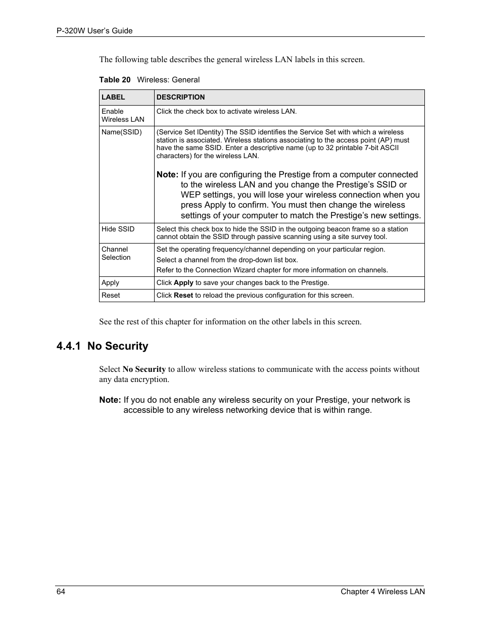 1 no security, Table 20 wireless: general | ZyXEL Communications 802.11g Wireless Firewall Router P-320W User Manual | Page 64 / 215