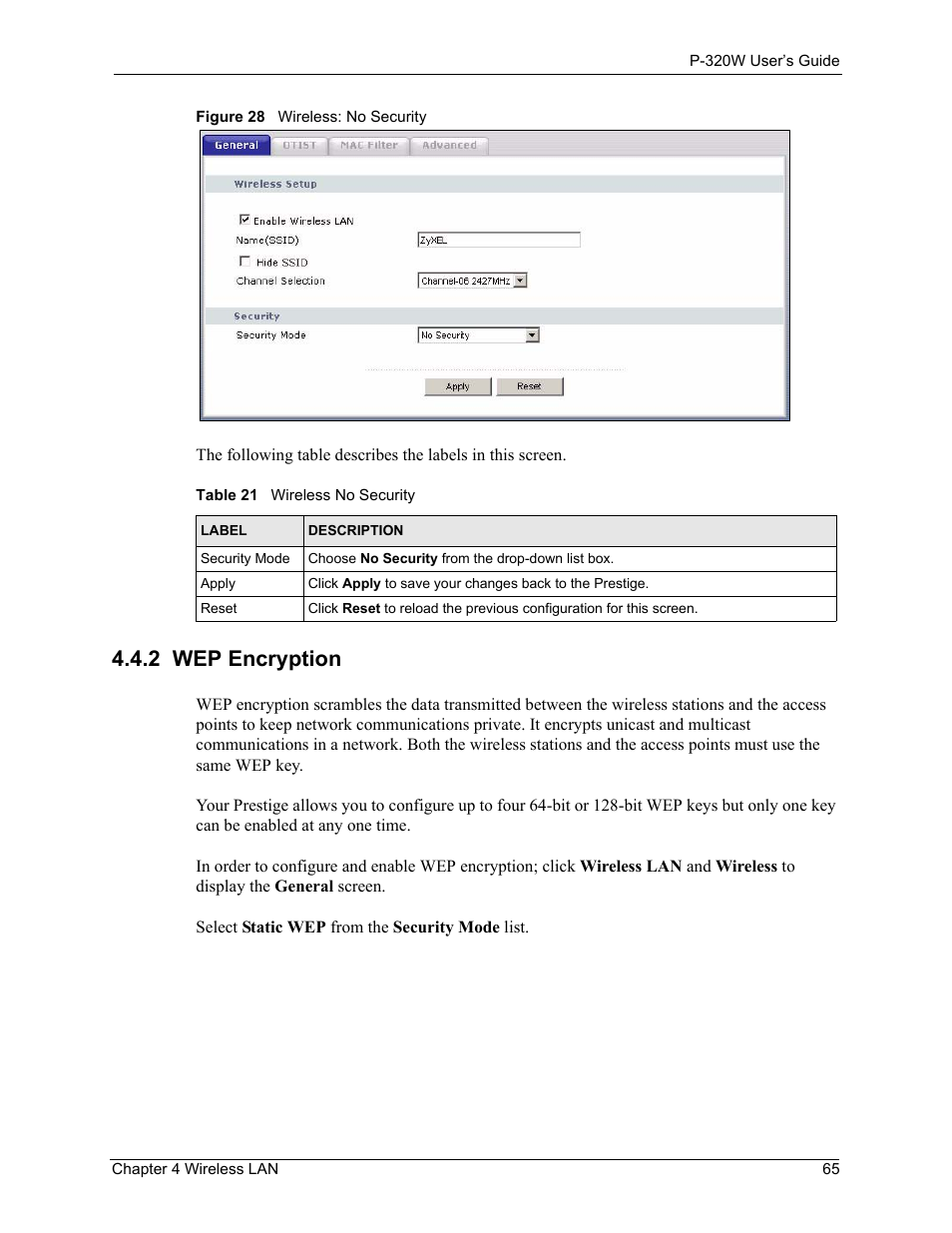 2 wep encryption, Figure 28 wireless: no security, Table 21 wireless no security | ZyXEL Communications 802.11g Wireless Firewall Router P-320W User Manual | Page 65 / 215