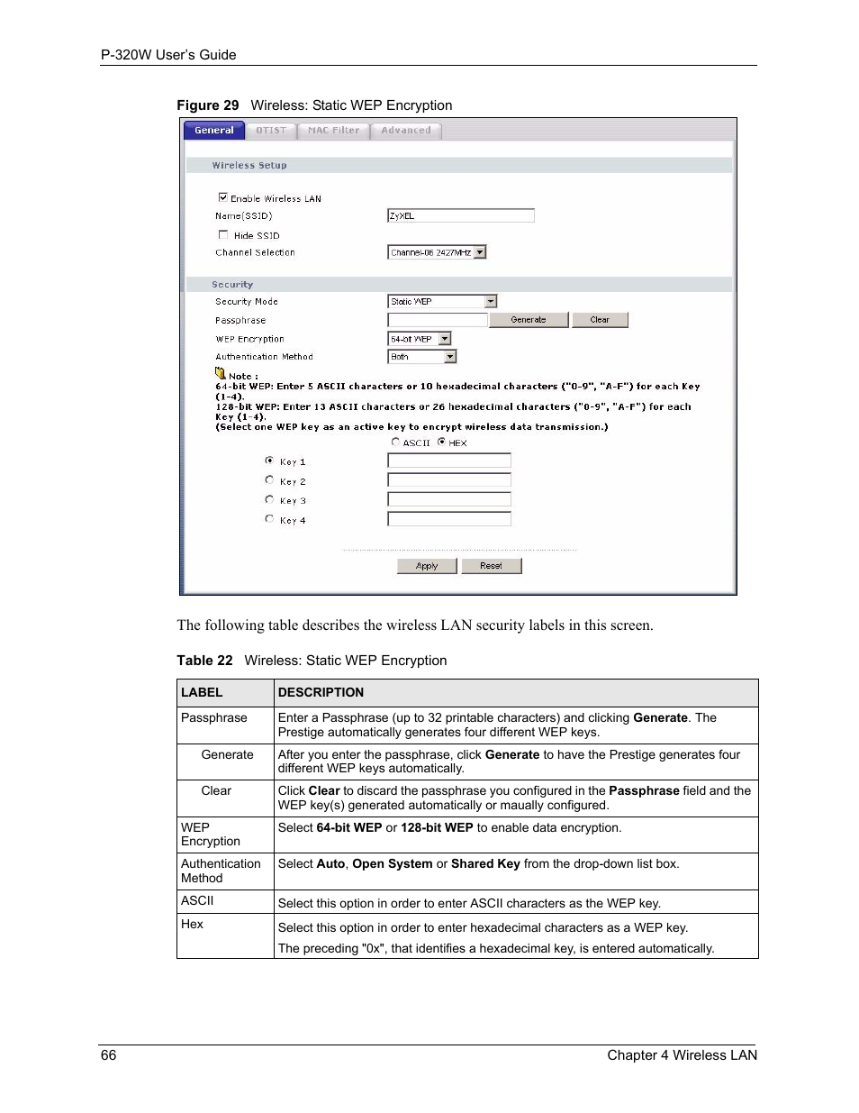 Figure 29 wireless: static wep encryption, Table 22 wireless: static wep encryption | ZyXEL Communications 802.11g Wireless Firewall Router P-320W User Manual | Page 66 / 215