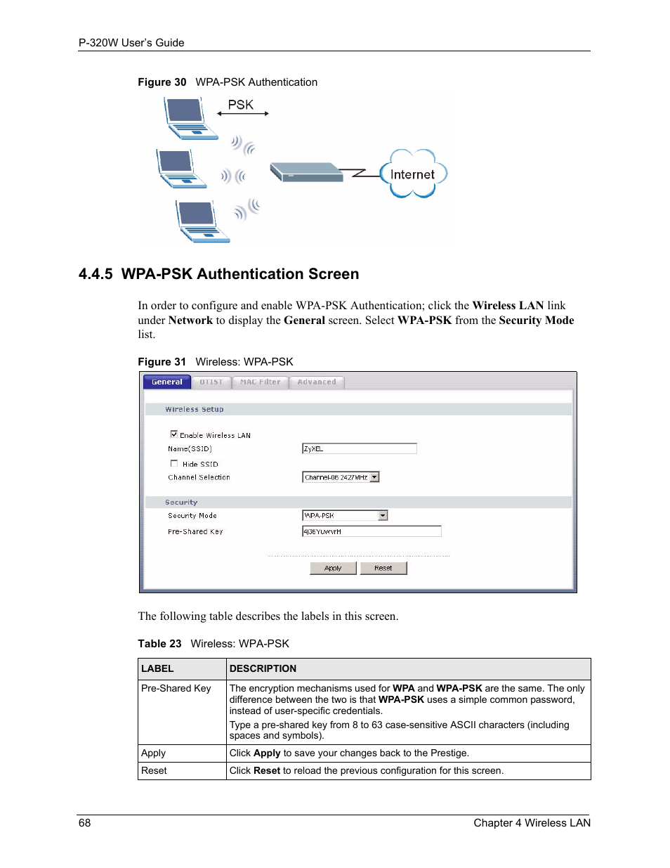 5 wpa-psk authentication screen, Table 23 wireless: wpa-psk | ZyXEL Communications 802.11g Wireless Firewall Router P-320W User Manual | Page 68 / 215