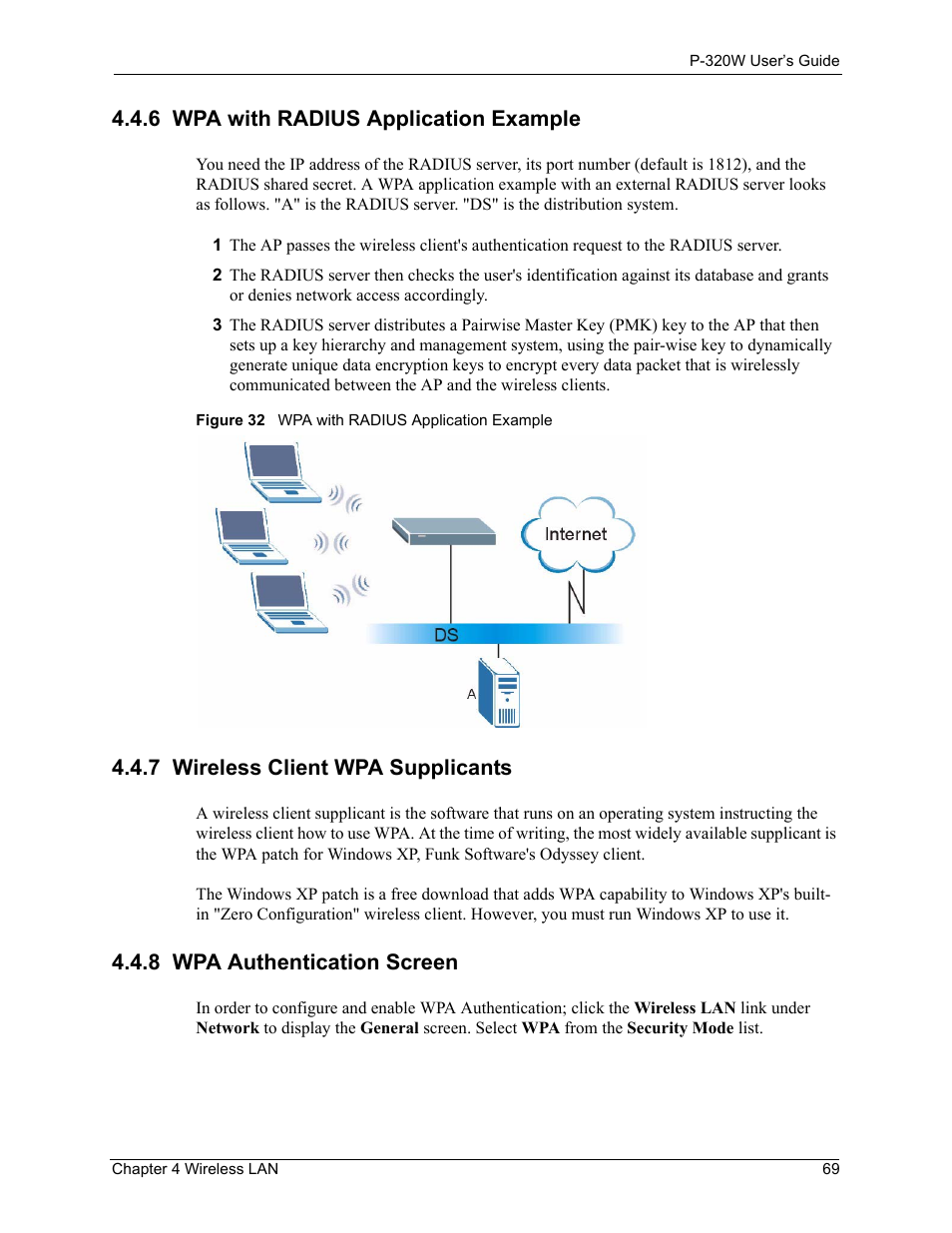 6 wpa with radius application example, 7 wireless client wpa supplicants, 8 wpa authentication screen | Figure 32 wpa with radius application example | ZyXEL Communications 802.11g Wireless Firewall Router P-320W User Manual | Page 69 / 215