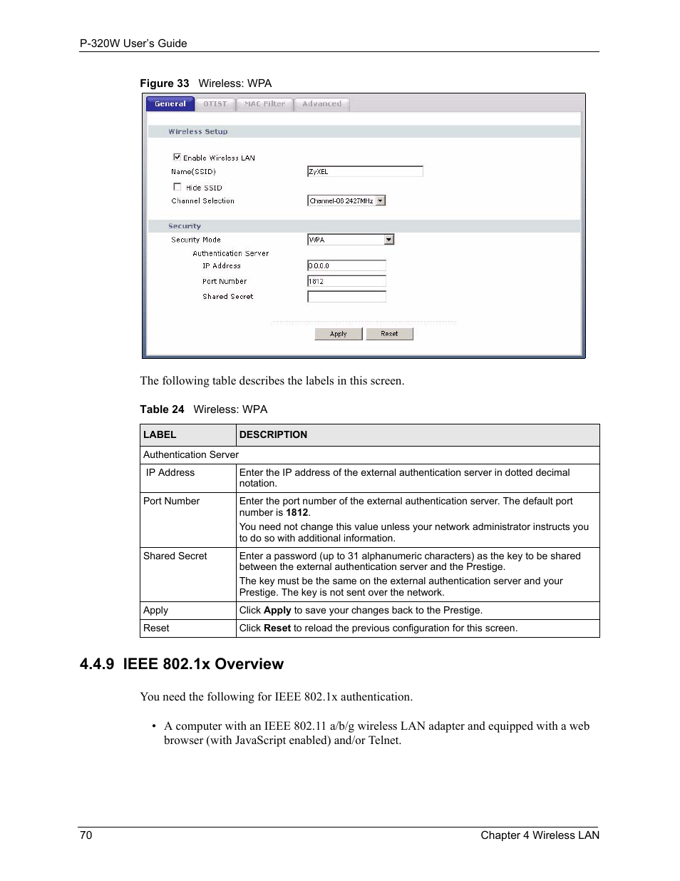 9 ieee 802.1x overview, Figure 33 wireless: wpa, Table 24 wireless: wpa | ZyXEL Communications 802.11g Wireless Firewall Router P-320W User Manual | Page 70 / 215