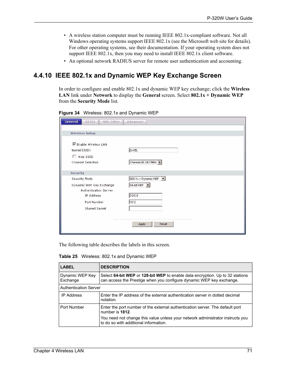 10 ieee 802.1x and dynamic wep key exchange screen, Figure 34 wireless: 802.1x and dynamic wep, Table 25 wireless: 802.1x and dynamic wep | ZyXEL Communications 802.11g Wireless Firewall Router P-320W User Manual | Page 71 / 215