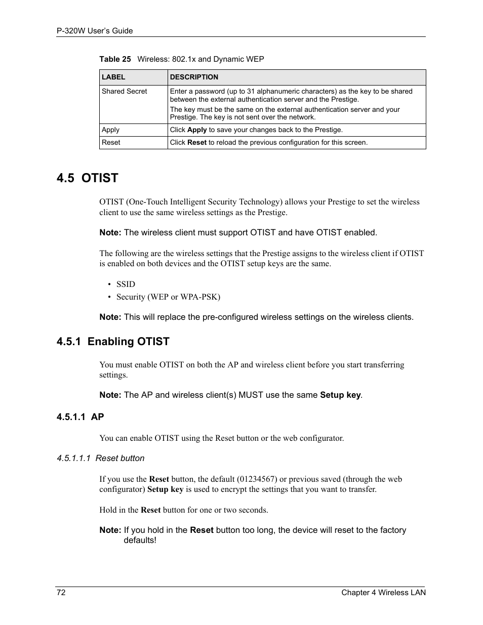 5 otist, 1 enabling otist, 1 ap | ZyXEL Communications 802.11g Wireless Firewall Router P-320W User Manual | Page 72 / 215