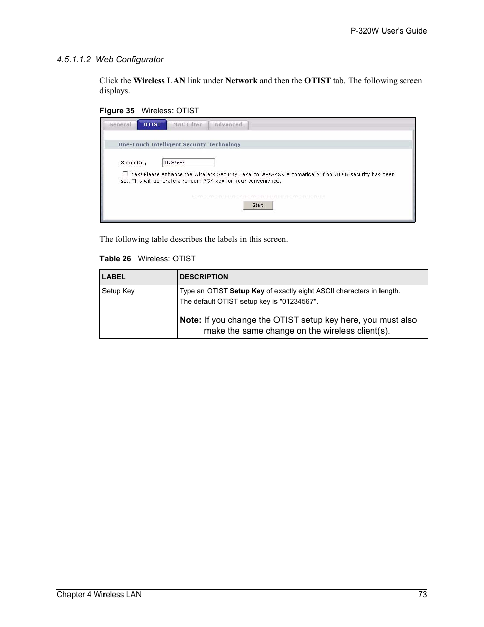 Figure 35 wireless: otist, Table 26 wireless: otist | ZyXEL Communications 802.11g Wireless Firewall Router P-320W User Manual | Page 73 / 215