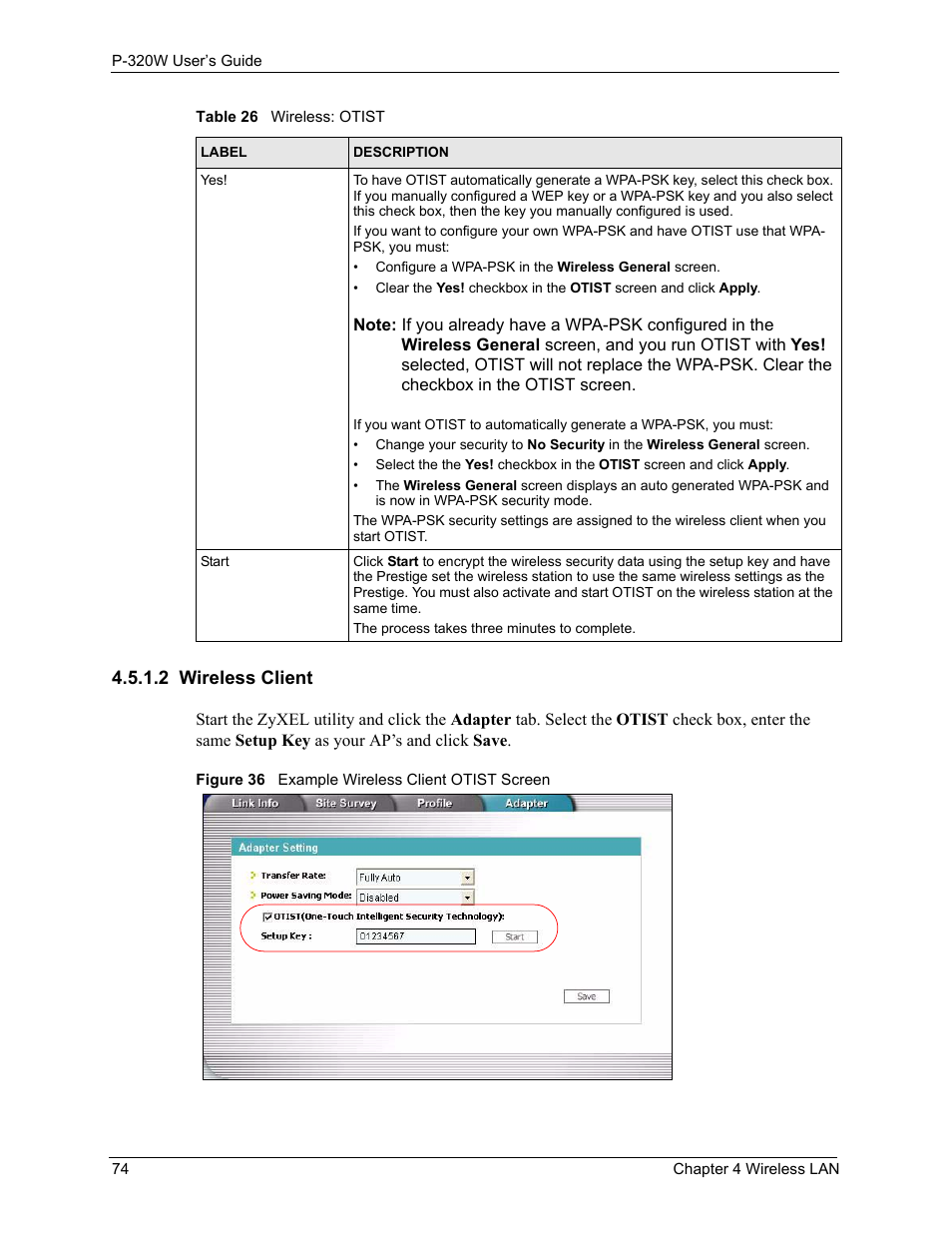 2 wireless client, Figure 36 example wireless client otist screen | ZyXEL Communications 802.11g Wireless Firewall Router P-320W User Manual | Page 74 / 215