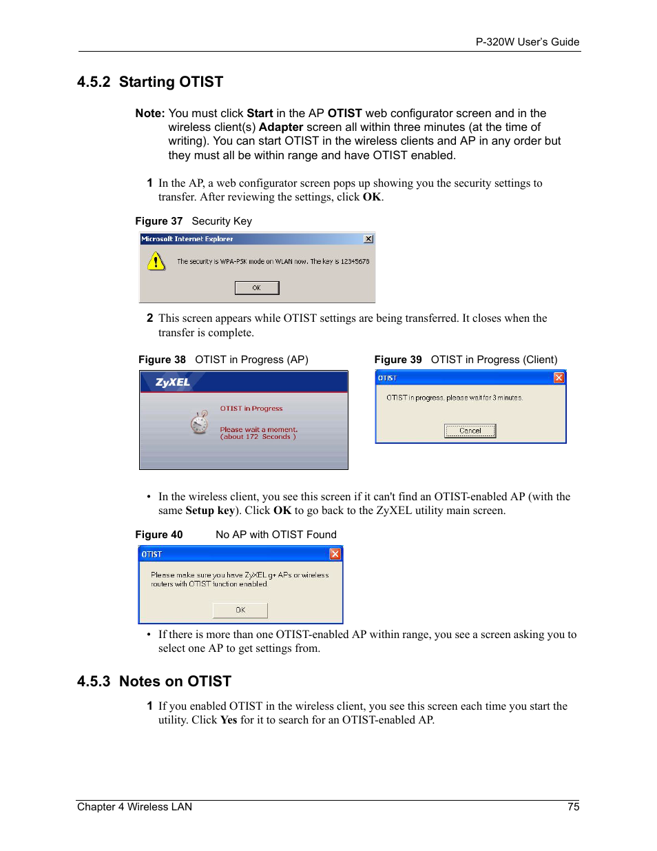 2 starting otist, 3 notes on otist, 2 starting otist 4.5.3 notes on otist | ZyXEL Communications 802.11g Wireless Firewall Router P-320W User Manual | Page 75 / 215