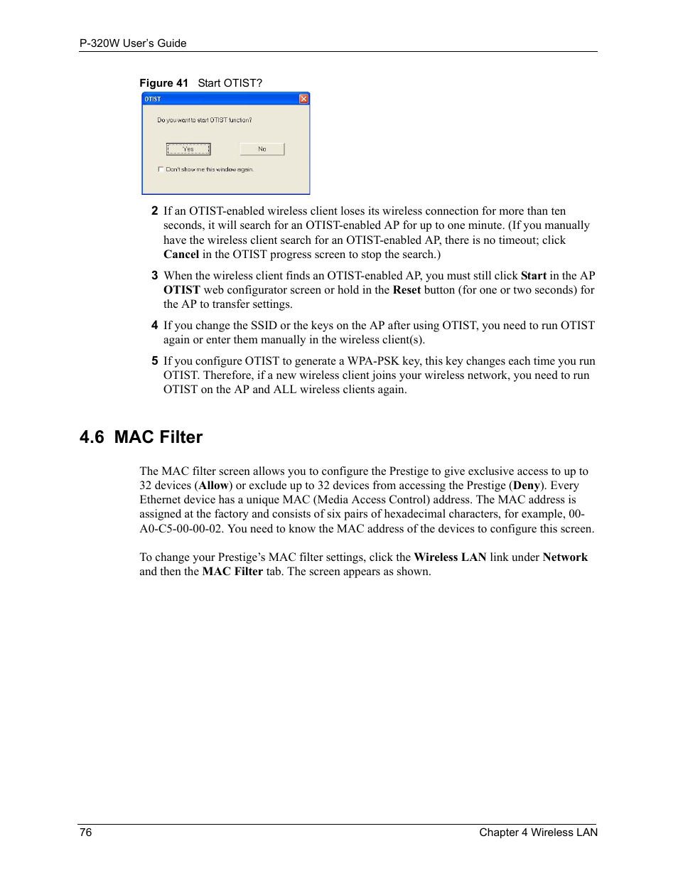 6 mac filter, Figure 41 start otist | ZyXEL Communications 802.11g Wireless Firewall Router P-320W User Manual | Page 76 / 215