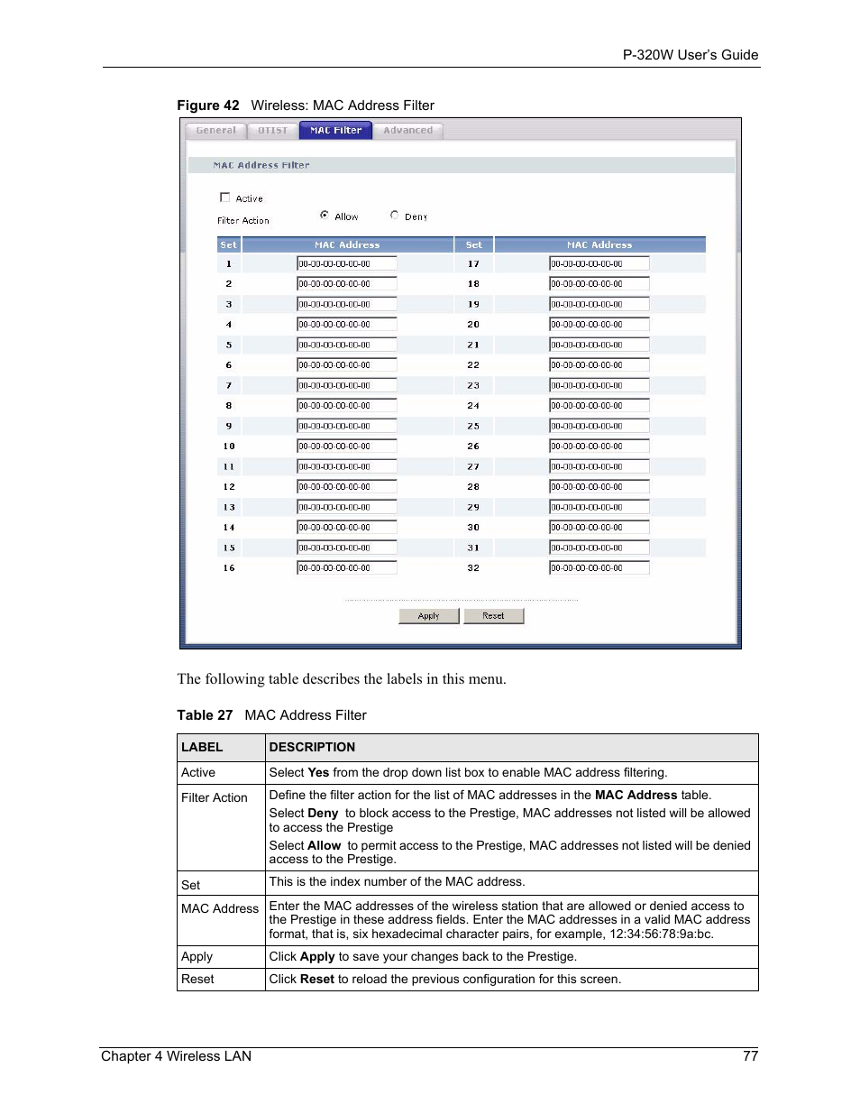 Figure 42 wireless: mac address filter, Table 27 mac address filter | ZyXEL Communications 802.11g Wireless Firewall Router P-320W User Manual | Page 77 / 215