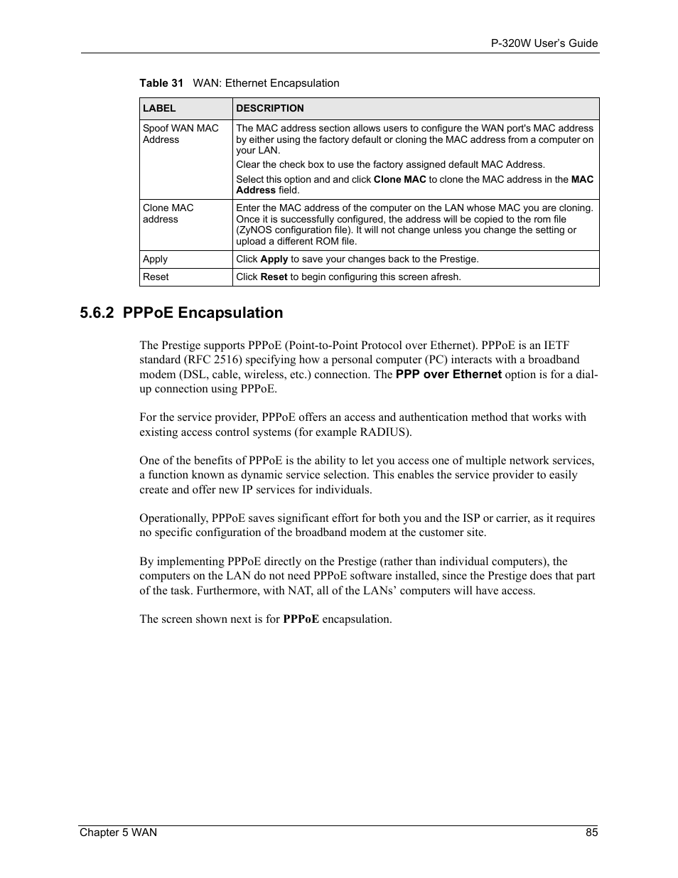 2 pppoe encapsulation | ZyXEL Communications 802.11g Wireless Firewall Router P-320W User Manual | Page 85 / 215