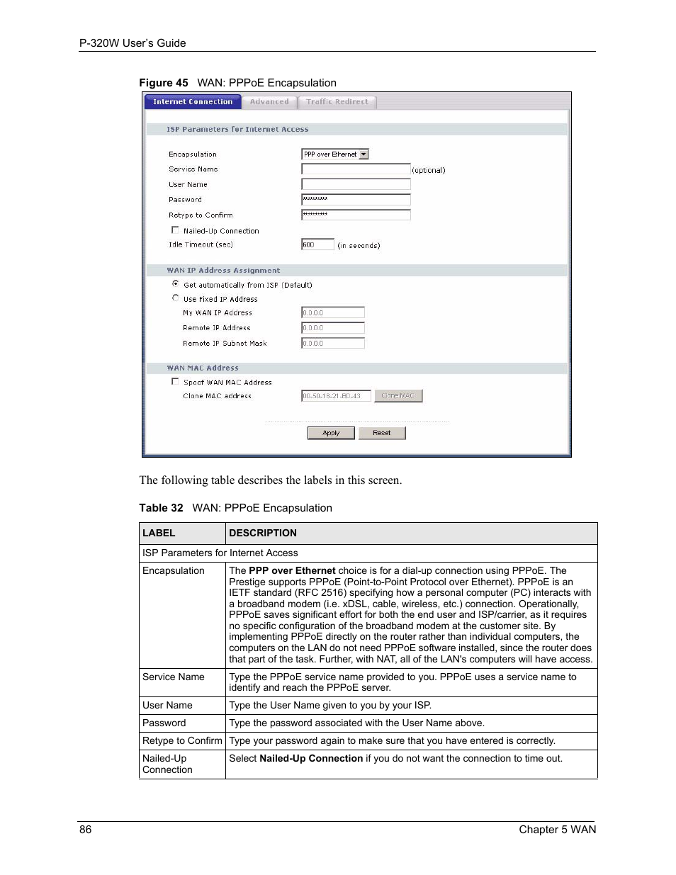 Figure 45 wan: pppoe encapsulation, Table 32 wan: pppoe encapsulation | ZyXEL Communications 802.11g Wireless Firewall Router P-320W User Manual | Page 86 / 215