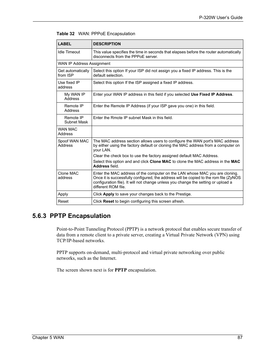 3 pptp encapsulation | ZyXEL Communications 802.11g Wireless Firewall Router P-320W User Manual | Page 87 / 215