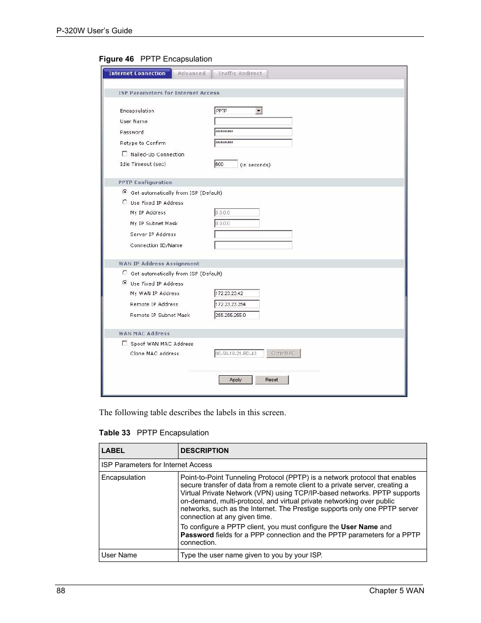 Figure 46 pptp encapsulation, Table 33 pptp encapsulation | ZyXEL Communications 802.11g Wireless Firewall Router P-320W User Manual | Page 88 / 215