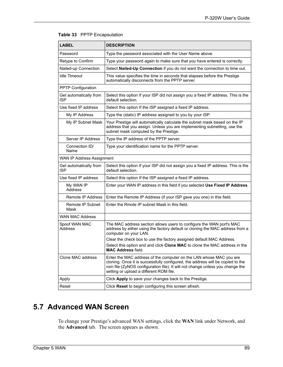 7 advanced wan screen | ZyXEL Communications 802.11g Wireless Firewall Router P-320W User Manual | Page 89 / 215