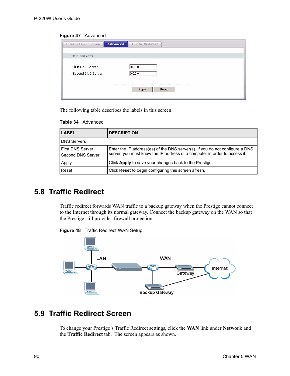 8 traffic redirect, 9 traffic redirect screen, 8 traffic redirect 5.9 traffic redirect screen | Table 34 advanced | ZyXEL Communications 802.11g Wireless Firewall Router P-320W User Manual | Page 90 / 215