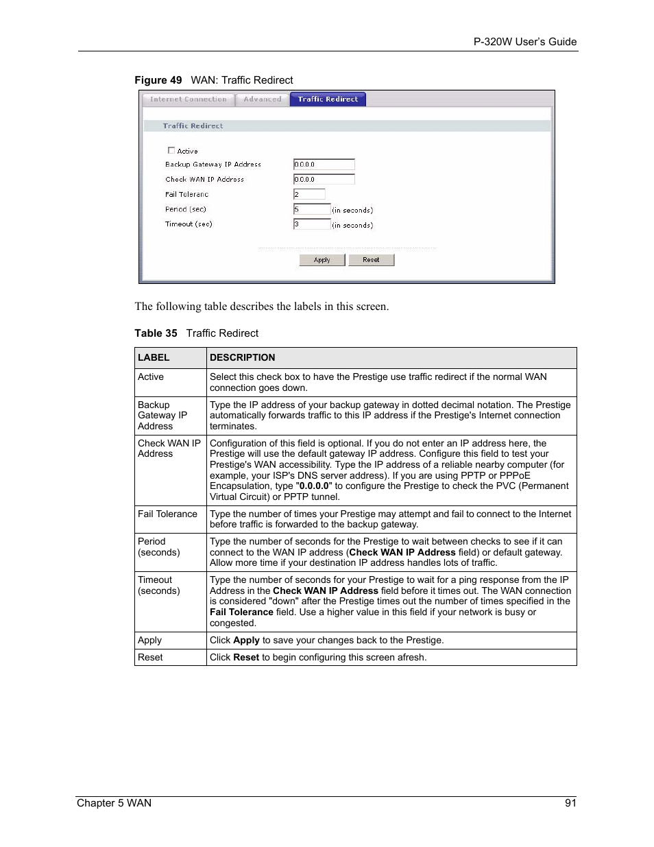 Figure 49 wan: traffic redirect, Table 35 traffic redirect | ZyXEL Communications 802.11g Wireless Firewall Router P-320W User Manual | Page 91 / 215