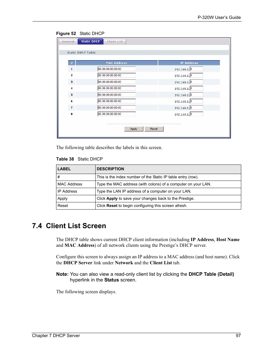 4 client list screen, Figure 52 static dhcp, Table 38 static dhcp | ZyXEL Communications 802.11g Wireless Firewall Router P-320W User Manual | Page 97 / 215