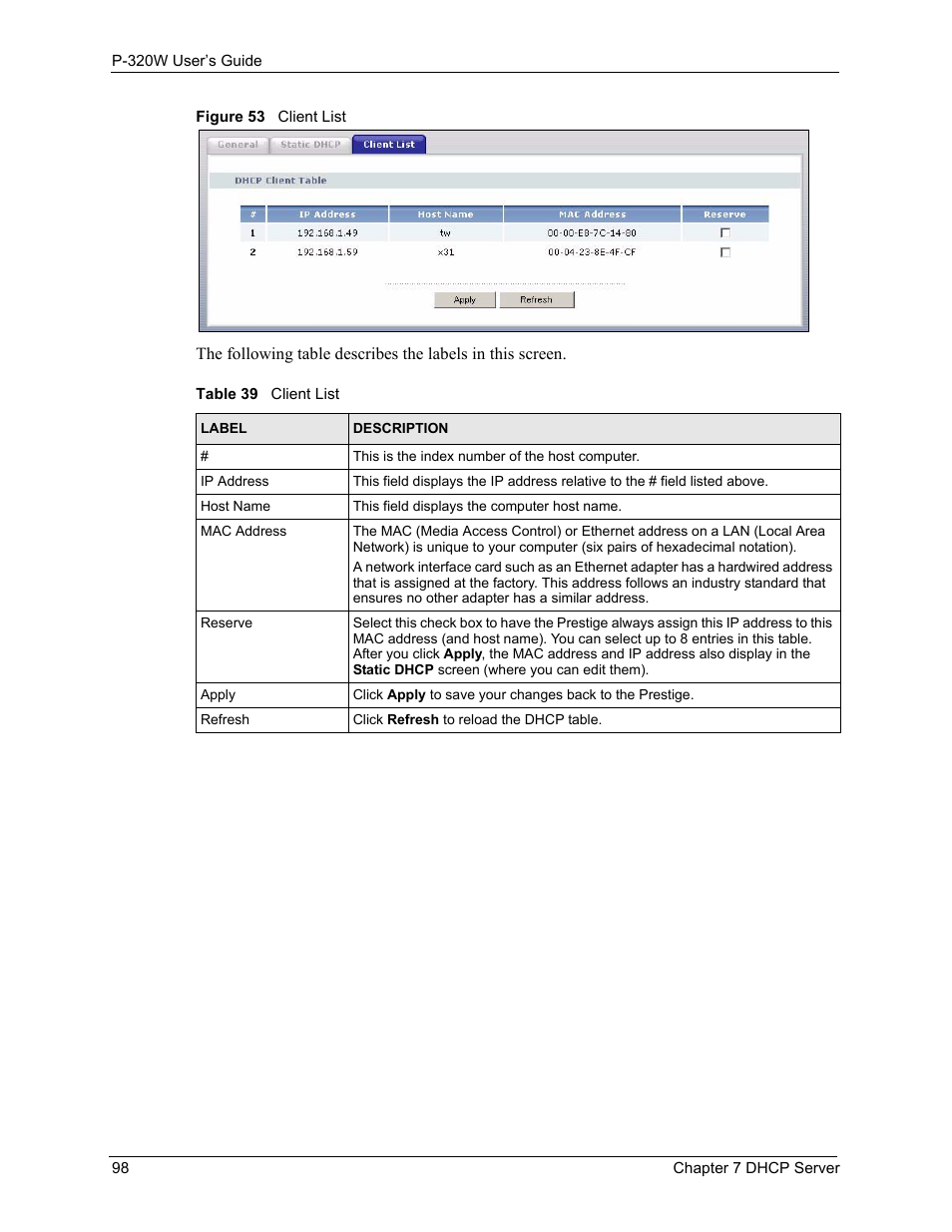 Figure 53 client list, Table 39 client list | ZyXEL Communications 802.11g Wireless Firewall Router P-320W User Manual | Page 98 / 215