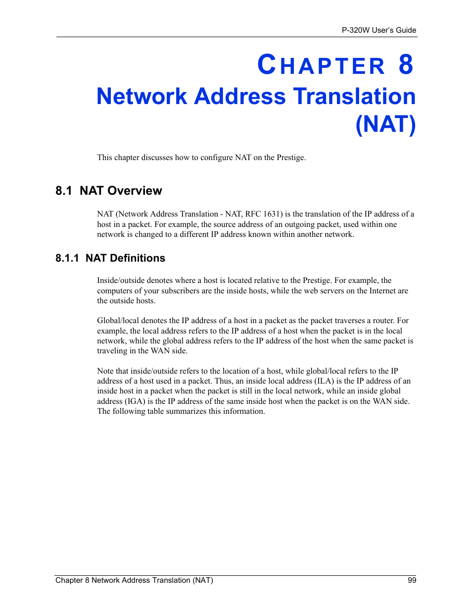 Network address translation (nat), 1 nat overview, 1 nat definitions | Chapter 8 network address translation (nat) | ZyXEL Communications 802.11g Wireless Firewall Router P-320W User Manual | Page 99 / 215