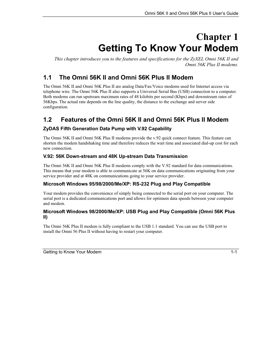 Getting to know your modem, The omni 56k ii and omni 56k plus ii modem, Chapter 1 getting to know your modem | ZyXEL Communications Omni 56K II User Manual | Page 13 / 88