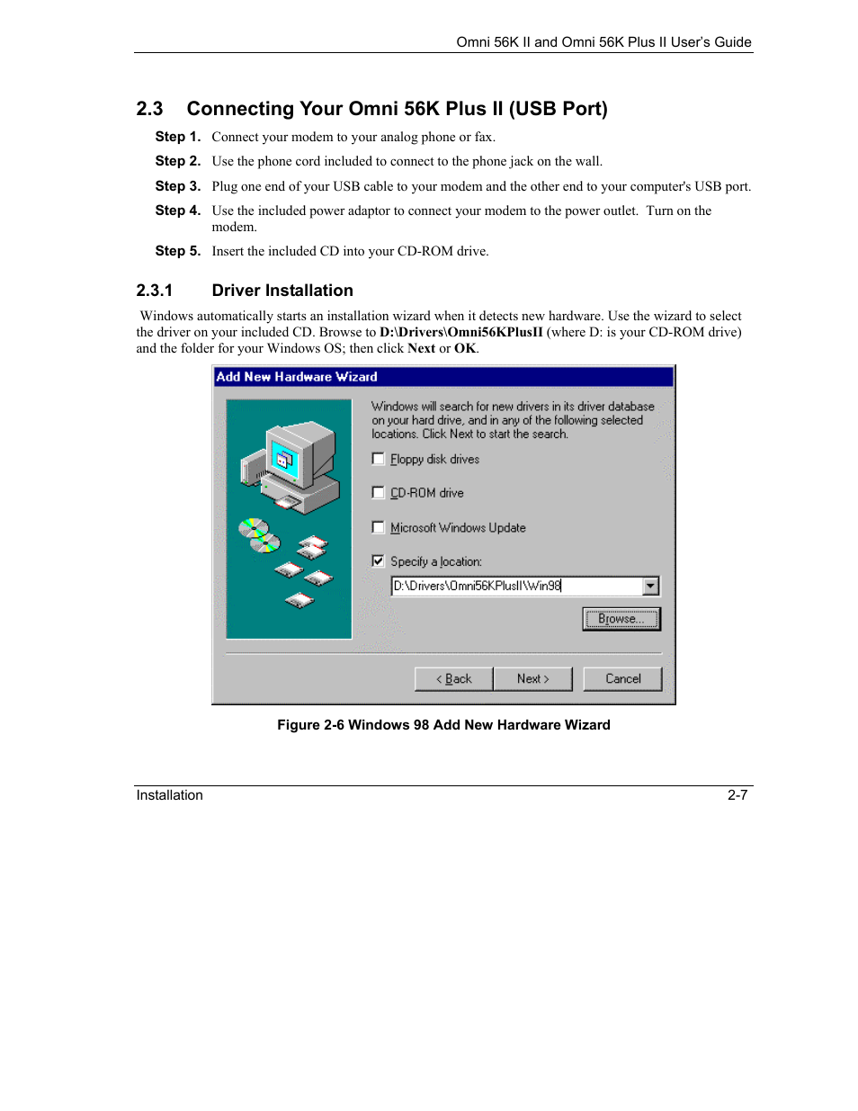 Connecting your omni 56k plus ii (usb port), 3 connecting your omni 56k plus ii (usb port) | ZyXEL Communications Omni 56K II User Manual | Page 23 / 88