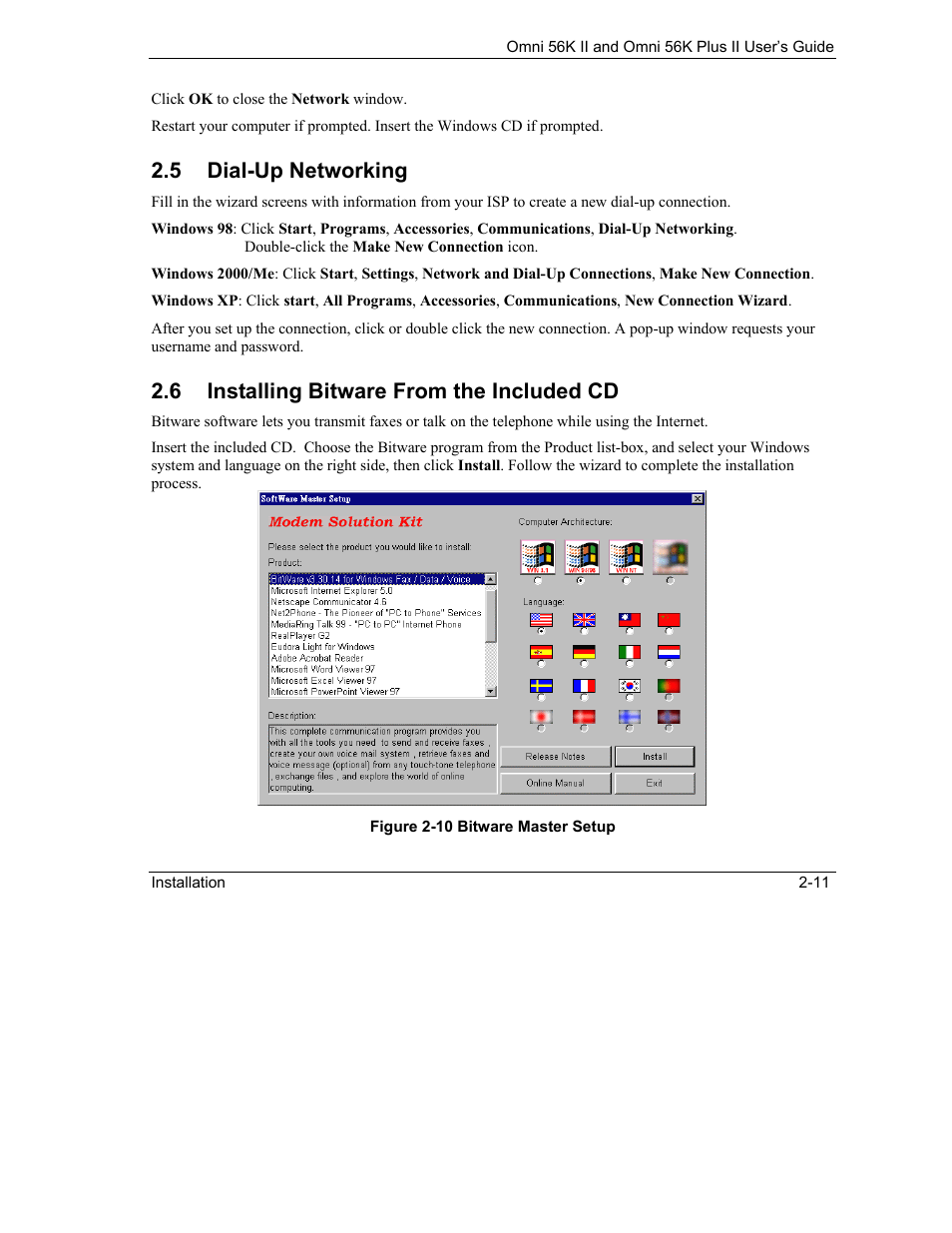 Dial-up networking, Installing bitware from the included cd, 5 dial-up networking | 6 installing bitware from the included cd | ZyXEL Communications Omni 56K II User Manual | Page 27 / 88