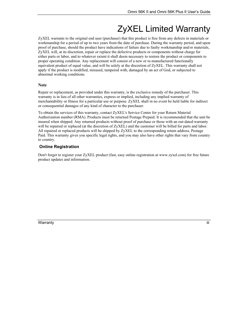 Zyxel limited warranty | ZyXEL Communications Omni 56K II User Manual | Page 3 / 88