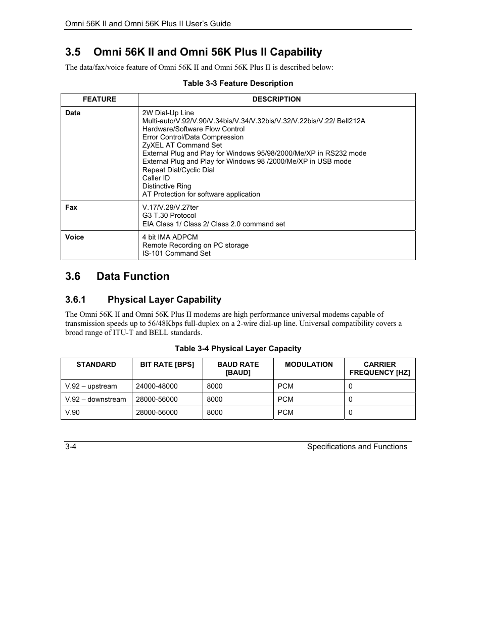 Omni 56k ii and omni 56k plus ii capability, Data function, 6 data function | ZyXEL Communications Omni 56K II User Manual | Page 32 / 88