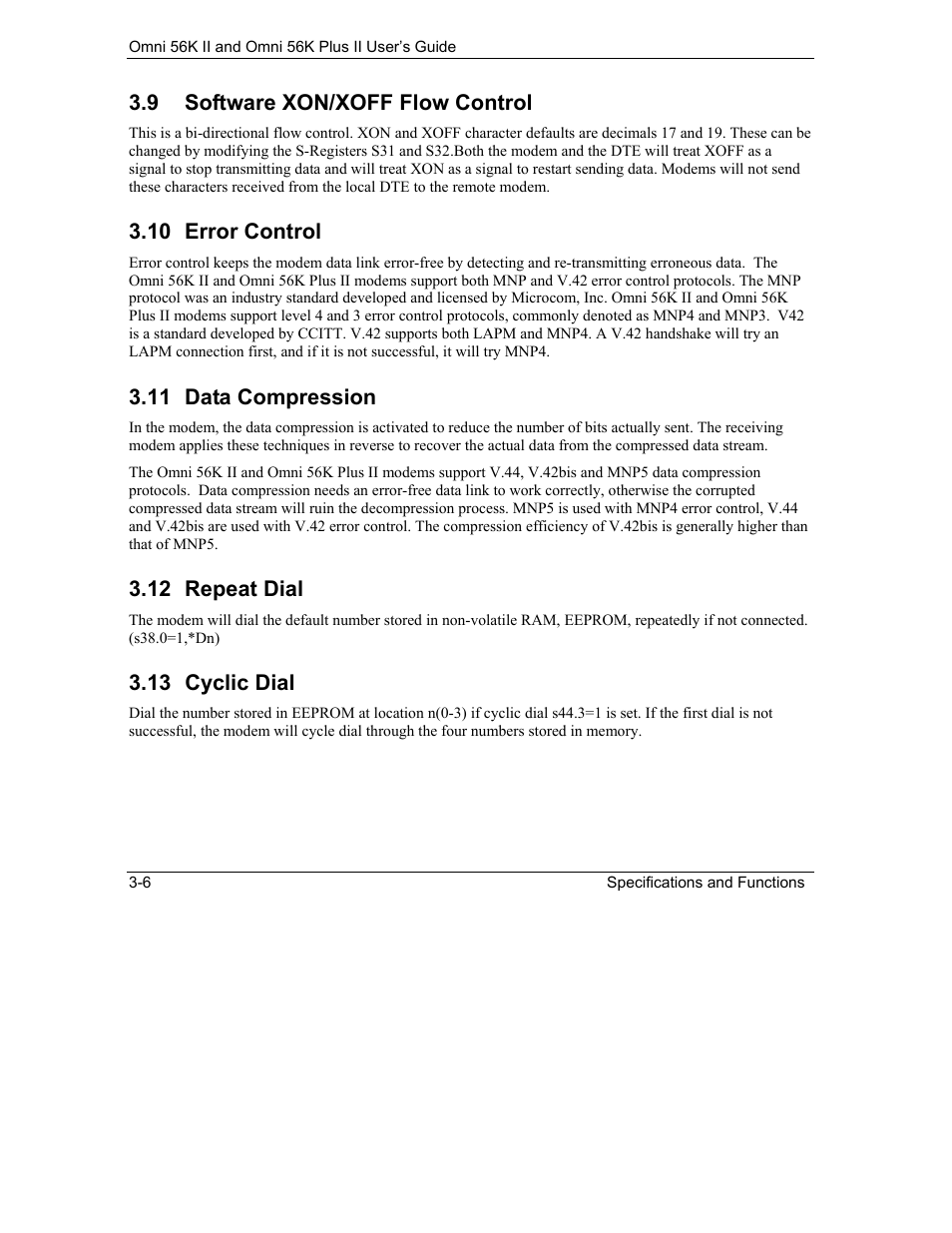 Software xon/xoff flow control, Error control, Data compression | Repeat dial, Cyclic dial, 9 software xon/xoff flow control, 10 error control, 11 data compression, 12 repeat dial, 13 cyclic dial | ZyXEL Communications Omni 56K II User Manual | Page 34 / 88