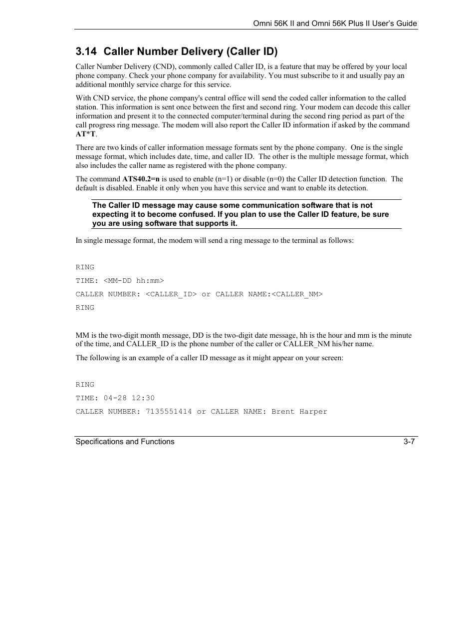 Caller number delivery (caller id), 14 caller number delivery (caller id) | ZyXEL Communications Omni 56K II User Manual | Page 35 / 88