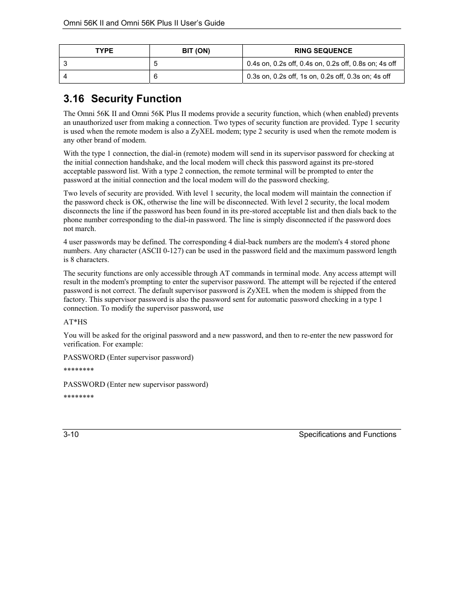 Security function, 16 security function | ZyXEL Communications Omni 56K II User Manual | Page 38 / 88