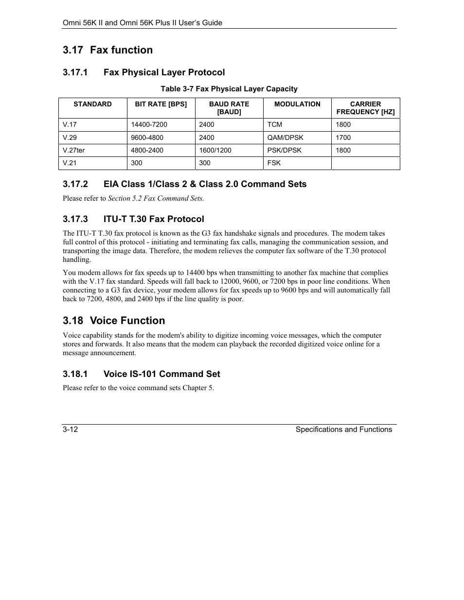 Fax function, Voice function, 17 fax function | 18 voice function | ZyXEL Communications Omni 56K II User Manual | Page 40 / 88
