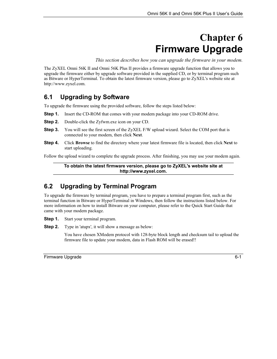 Firmware upgrade, Upgrading by software, Upgrading by terminal program | Chapter 6 firmware upgrade, 1 upgrading by software, 2 upgrading by terminal program | ZyXEL Communications Omni 56K II User Manual | Page 83 / 88