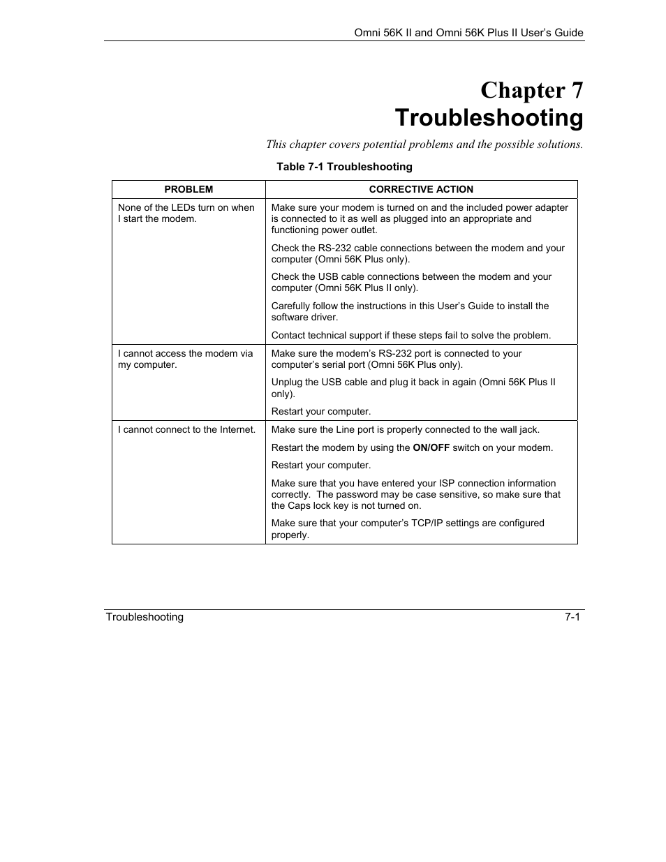 Troubleshooting, Chapter 7 troubleshooting | ZyXEL Communications Omni 56K II User Manual | Page 85 / 88
