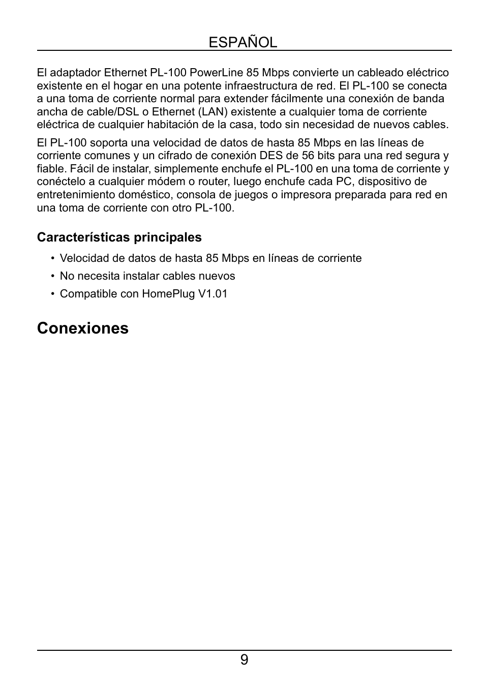 Español, Características principales, Conexiones | ZyXEL Communications POWERLINE PL-100 User Manual | Page 10 / 33