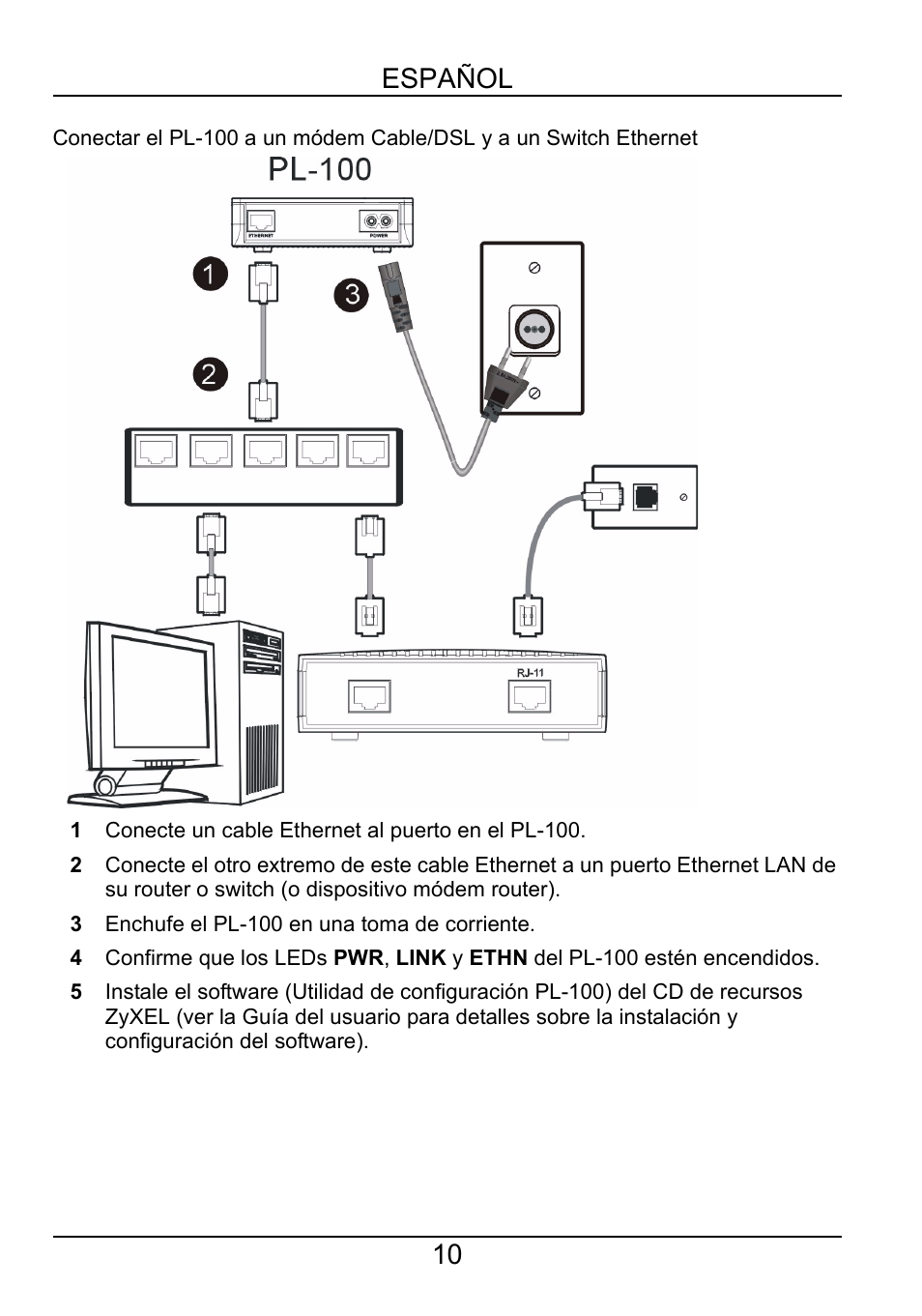 10 español | ZyXEL Communications POWERLINE PL-100 User Manual | Page 11 / 33