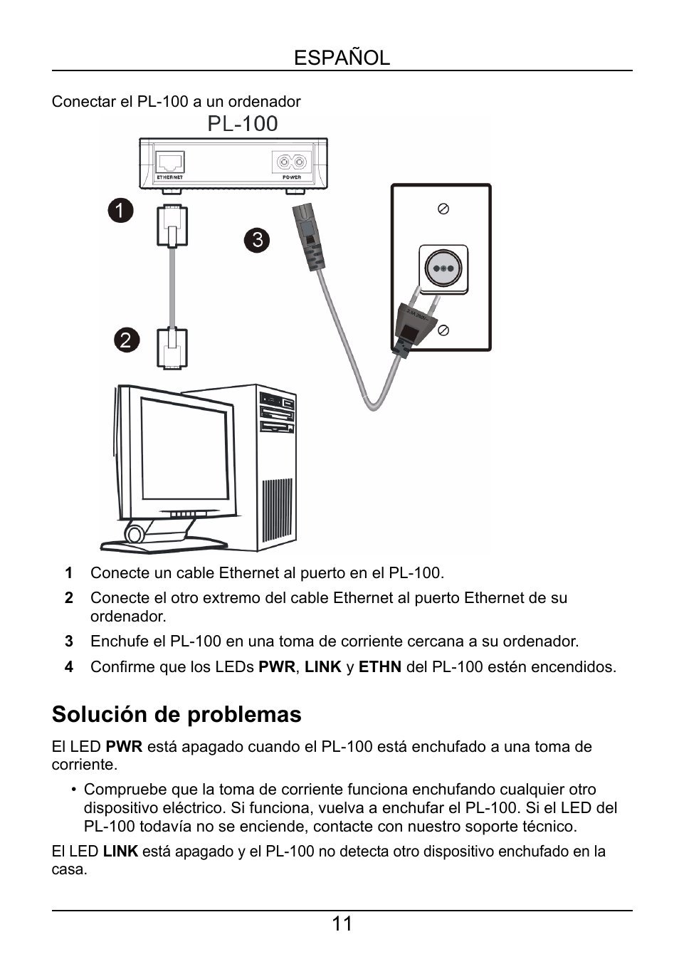 Solución de problemas, Español 11 | ZyXEL Communications POWERLINE PL-100 User Manual | Page 12 / 33