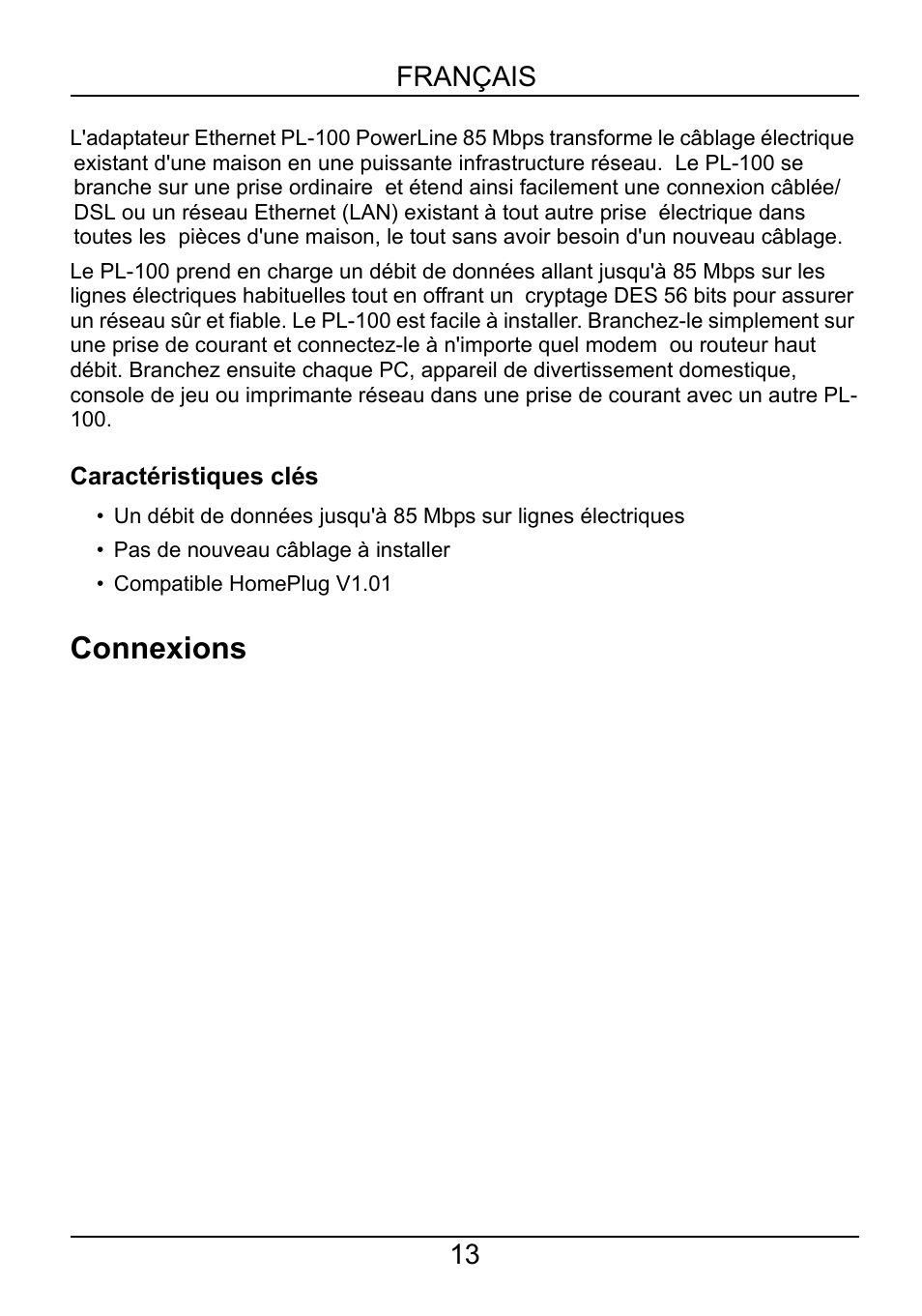 Français, Caractéristiques clés, Connexions | Français 13 | ZyXEL Communications POWERLINE PL-100 User Manual | Page 14 / 33