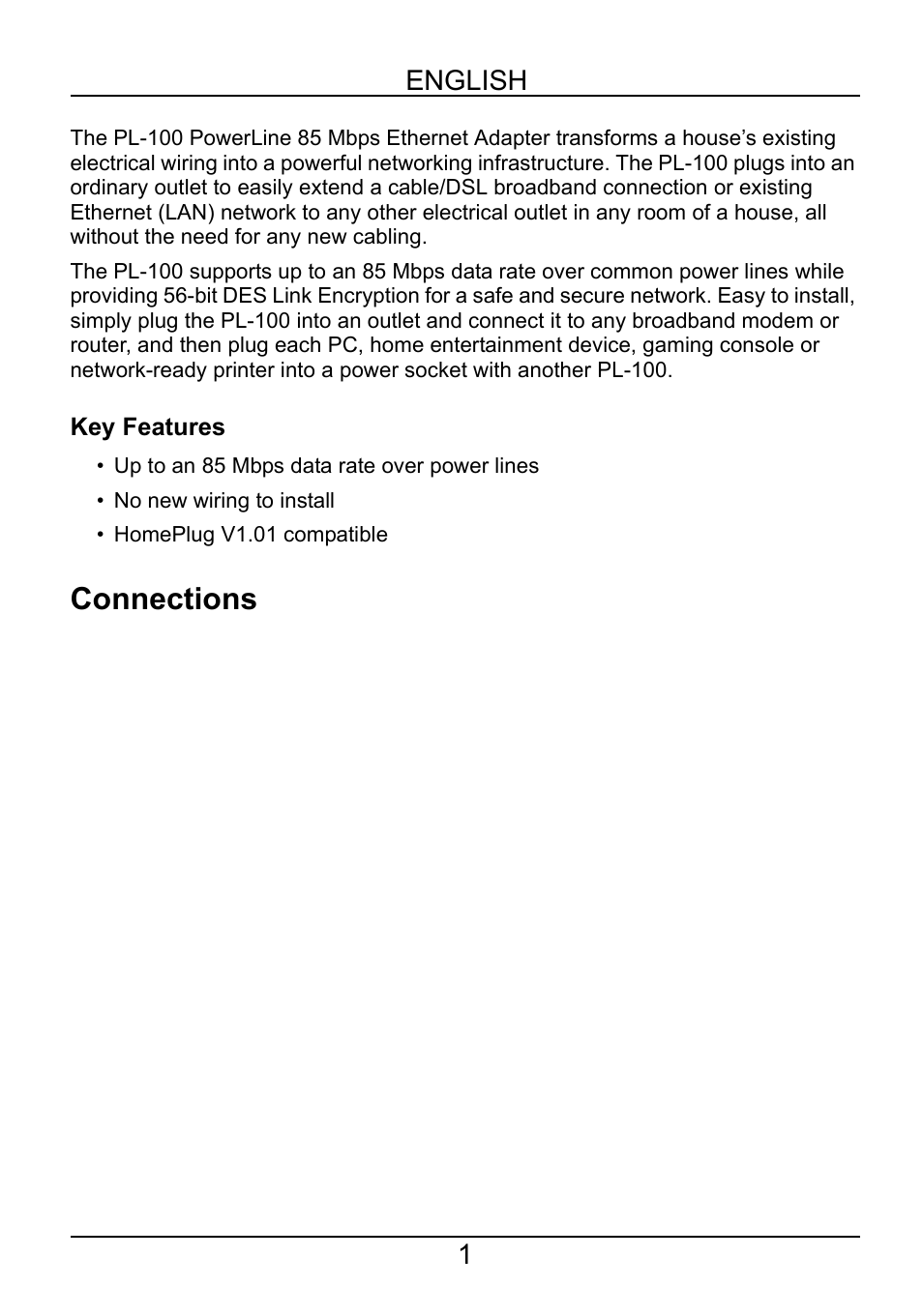 English, Key features, Connections | ZyXEL Communications POWERLINE PL-100 User Manual | Page 2 / 33