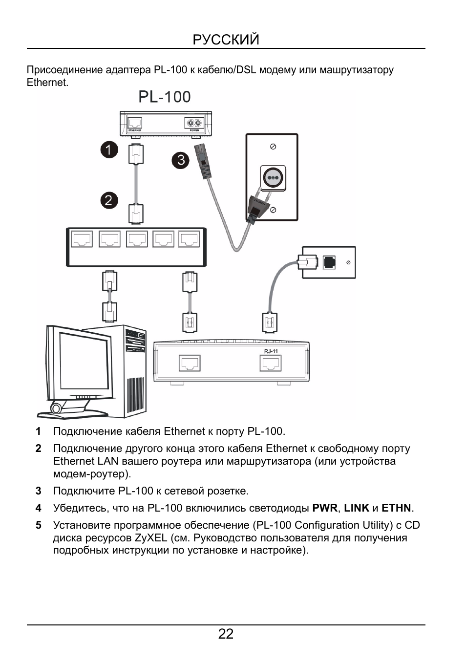 22 русский | ZyXEL Communications POWERLINE PL-100 User Manual | Page 23 / 33