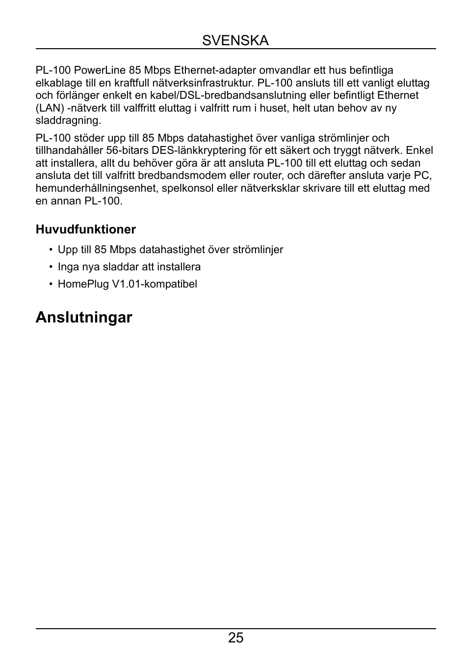 Svenska, Huvudfunktioner, Anslutningar | ZyXEL Communications POWERLINE PL-100 User Manual | Page 26 / 33