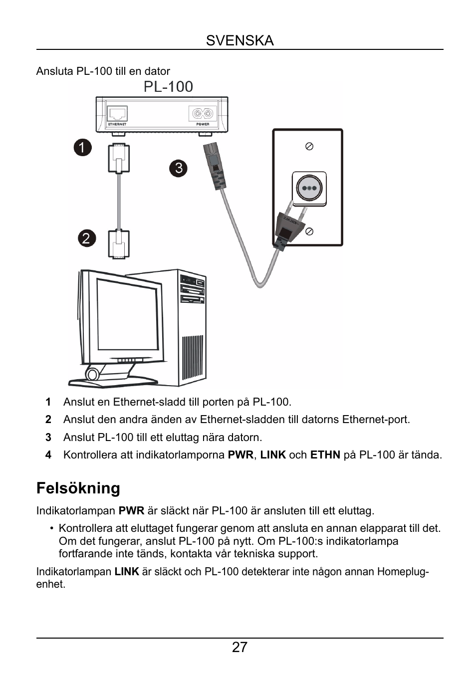 Felsökning, Svenska 27 | ZyXEL Communications POWERLINE PL-100 User Manual | Page 28 / 33