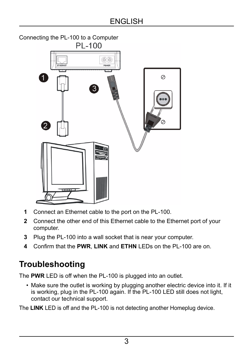 Troubleshooting, English 3 | ZyXEL Communications POWERLINE PL-100 User Manual | Page 4 / 33