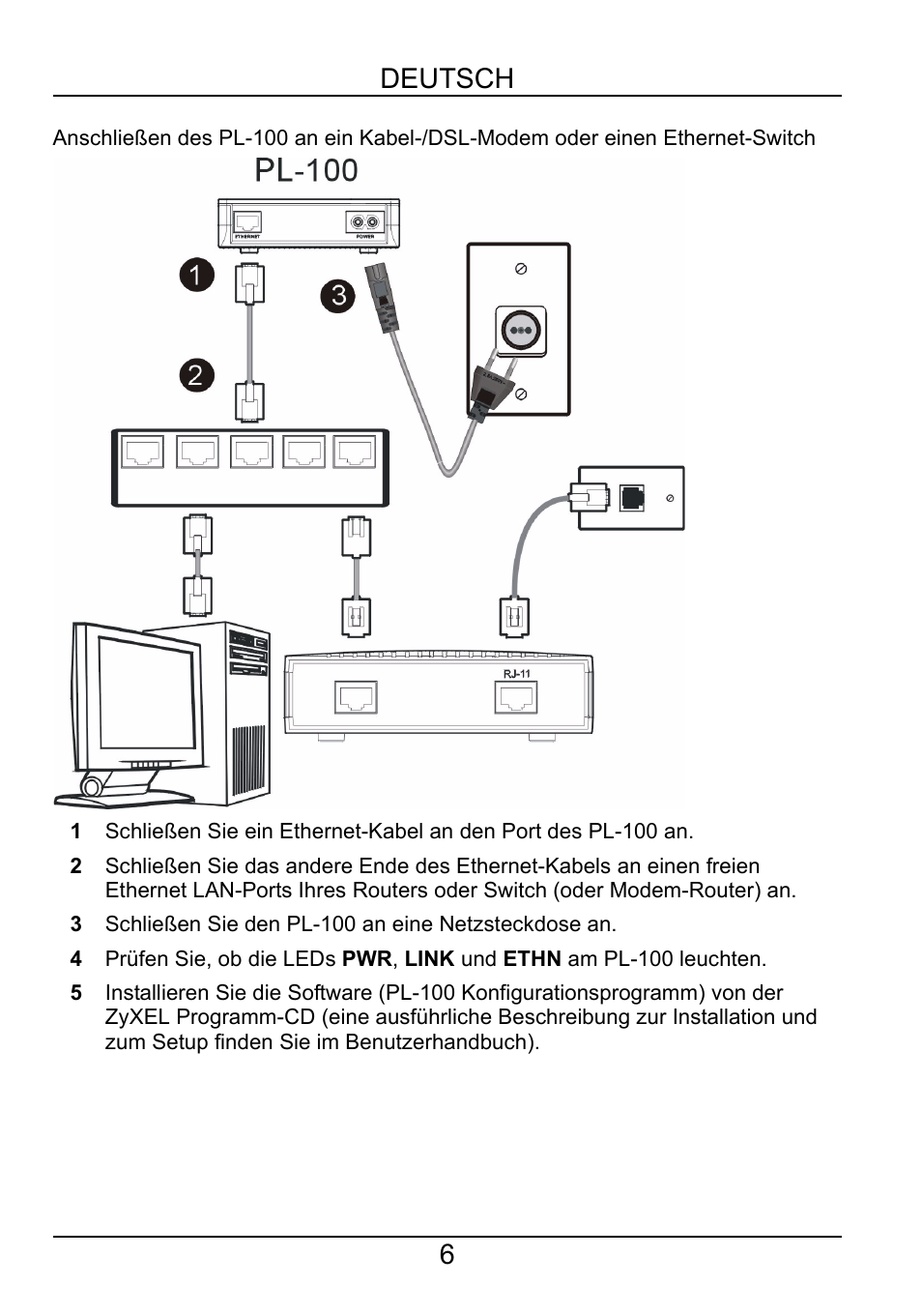 6deutsch | ZyXEL Communications POWERLINE PL-100 User Manual | Page 7 / 33