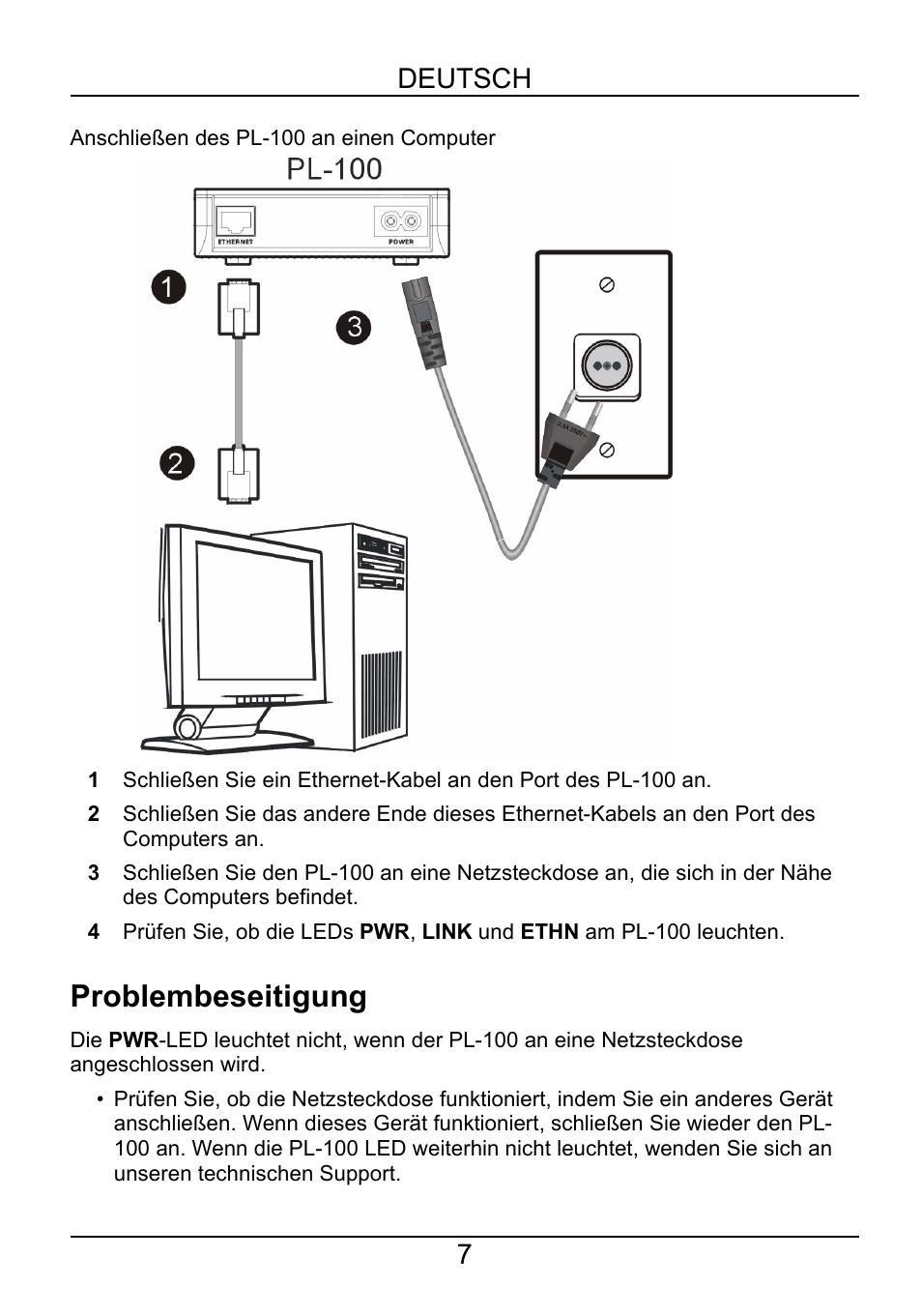 Problembeseitigung, Deutsch 7 | ZyXEL Communications POWERLINE PL-100 User Manual | Page 8 / 33