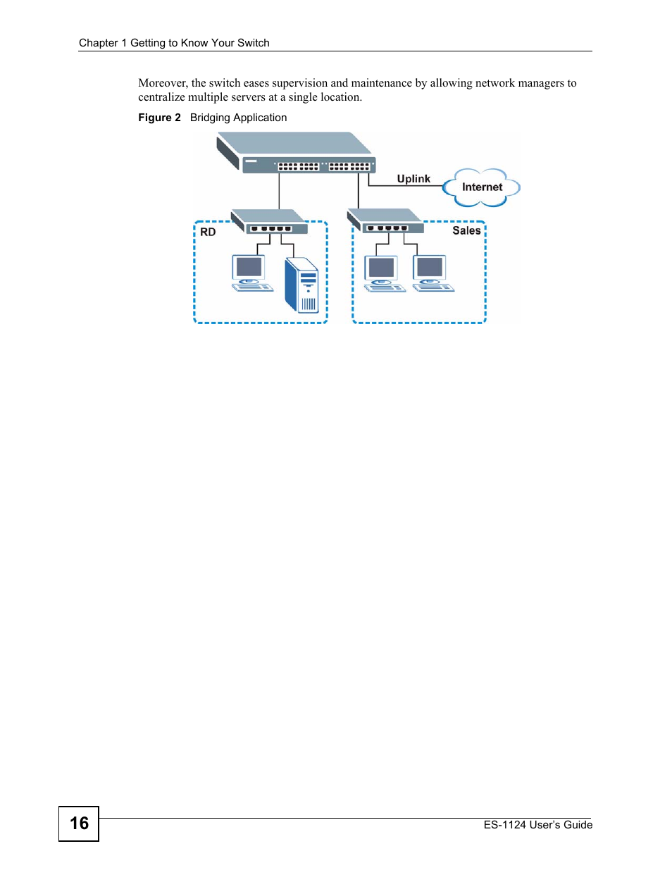 Figure 2 bridging application | ZyXEL Communications ZyXEL Dimension ES-1124 User Manual | Page 16 / 48